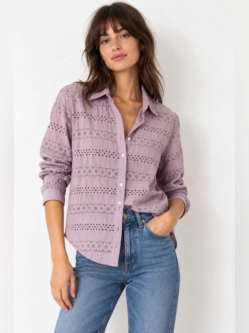 GAP Perfect Shirt Eyelet Embroidered Button-Up Blouse Mauve Size L
